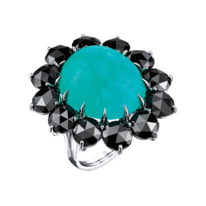 Silverhorn paraiba cabochon and black diamond ring