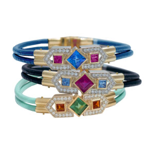 Silverhorn Colored Gem & Diamond Bracelets set in 18kt gold on leather