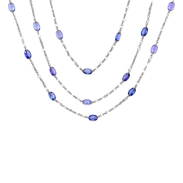 Silverhorn Jewelers 18 karat white gold chain strung entirely with 13.84 carats of faceted tanzanite and 4.24 carats of diamonds