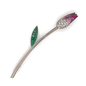 Silverhorn Jewelers Tulip brooch with emeralds rubies diamonds and pink sapphires set in 18 karat white gold