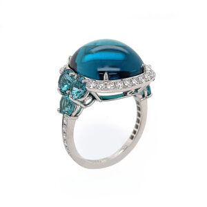 Silverhorn Jewelers spectacular blue tourmaline cabochon ring set in platinum with indicolite tourmalines and diamonds