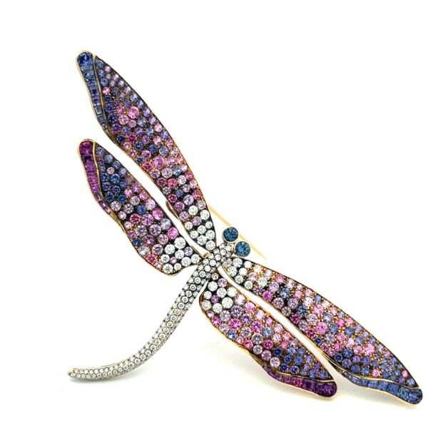 18 KARAT YELLOW GOLD BROOCH WITH SAPPHIRES AND DIAMONDS