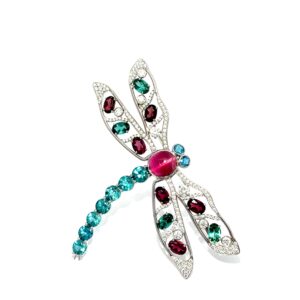 18 karat white gold brooch with cat's eye tourmaline , paraiba tourmaline and diamonds