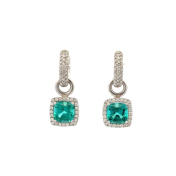18 karat white gold handmade earrings featuring Lagoon Tourmaline and diamonds