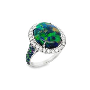 Black opal ring from Australia handmade in platinum