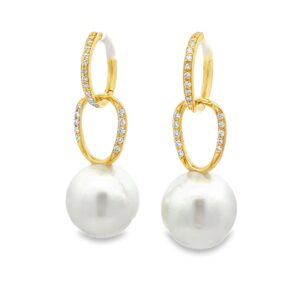 18 karat yellow gold south sea pearl earrings with additional diamonds