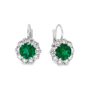 Handmade 18 karat white gold dangle earrings with emerald from Zambia and diamonds.