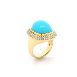 Handmade 18 karat yellow gold ring with Turquoise and additional diamonds
